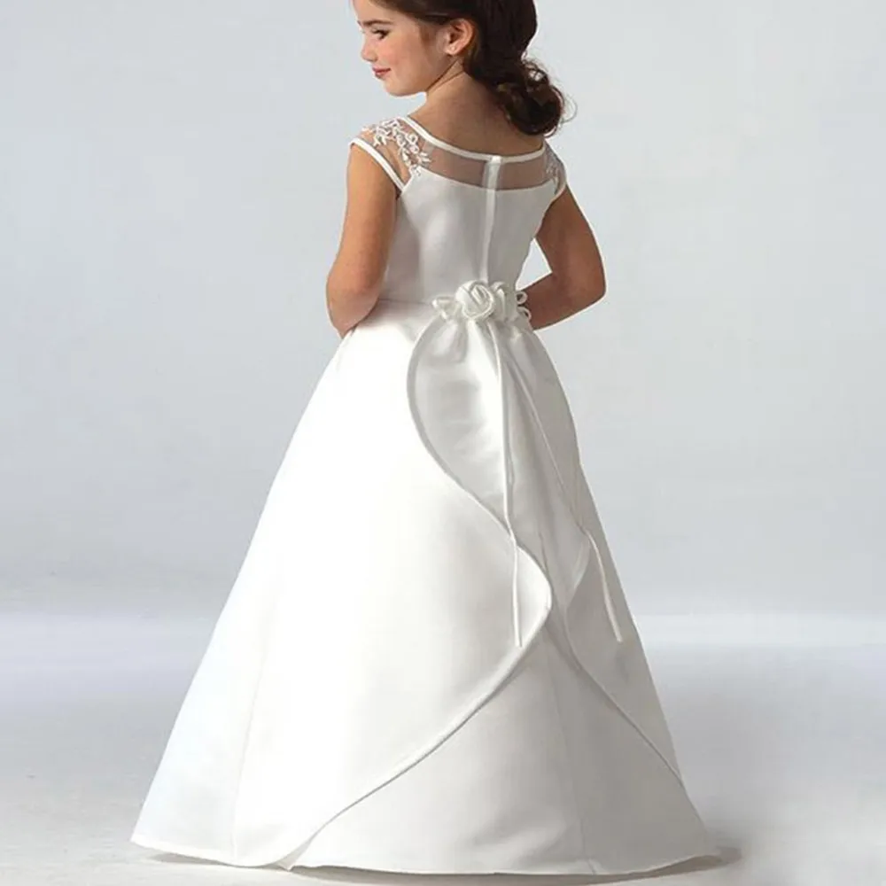 Hot Sale Elegant satin Flower Girl Dresses Appliques Long Princess Party Pageant First Communion Dresses