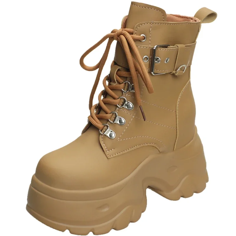 

Новые осенние ботильоны на платформе 9 см, женские зимние кожаные нескользящие туфли на высоком каблуке на толстой подошве в стиле панк, женские мотоциклетные ботинки на массивном каблуке