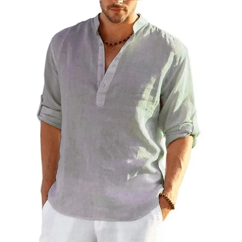 

2024 New Men's Linen Long sleeved V-neck T-shirt Summer Trendy Beach Loose Short sleeved Shirt