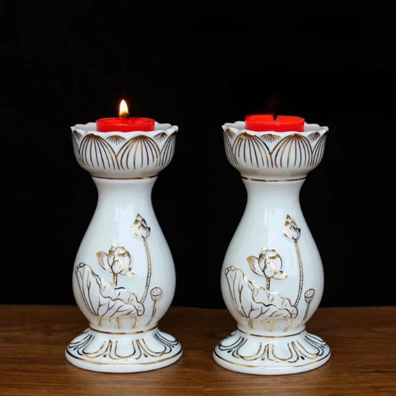 

2pcs Ceramic Gold-plated Candle Holder Feng Shui Accessories Household Sacrificial Candle Holder Lotus Patterned Candle Holder