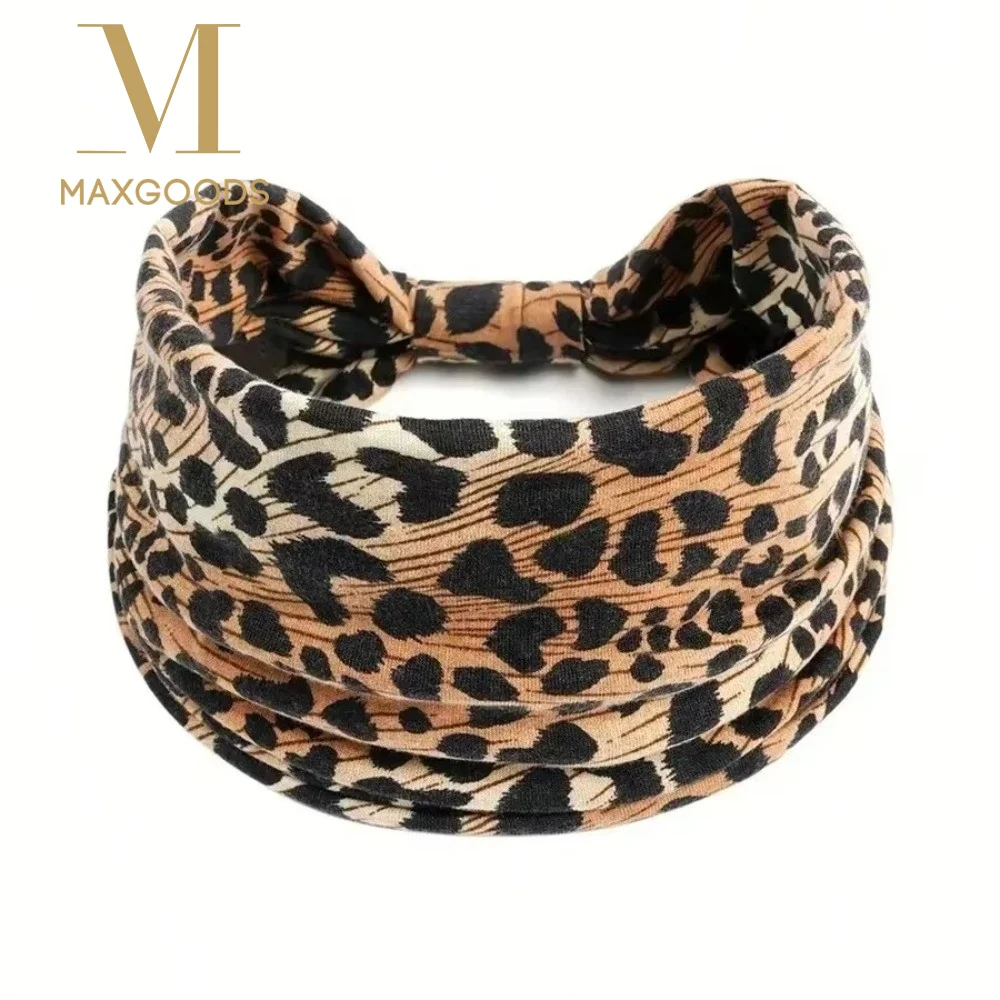 

Soft Leopard Pattern Boho Headband Wide Breathable Turban Headband Elastic Sweatproof Knotted Hairband Yoga