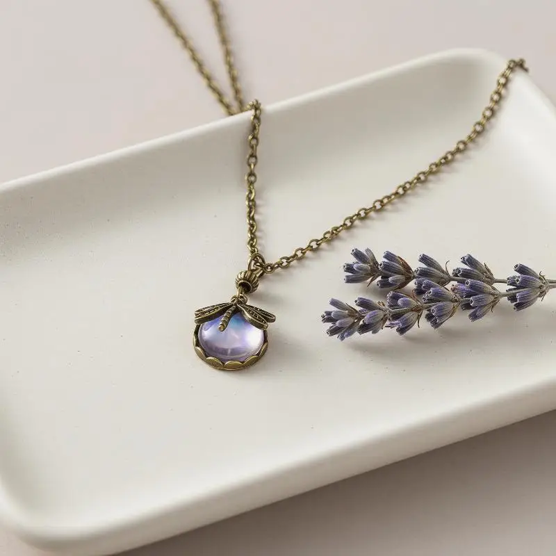 Bronze Color Dragonfly Pendant Necklace With Blue Stone Graceful Touch