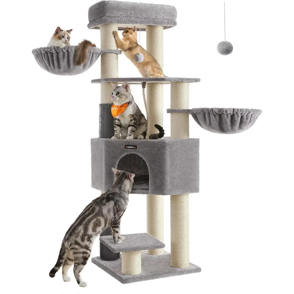 

63-Inch Heavy-Duty Cat Tower with Self-Warming Pads,9 Scratching Posts, Large Perch, Cave, and Baskets,Dove Gray and Cream White