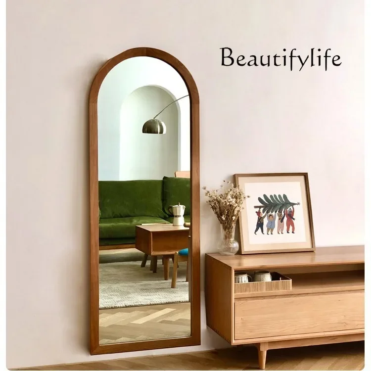 

Literary retro solid wood full-length mirror cherry wood full body arched floor wall hanging French style