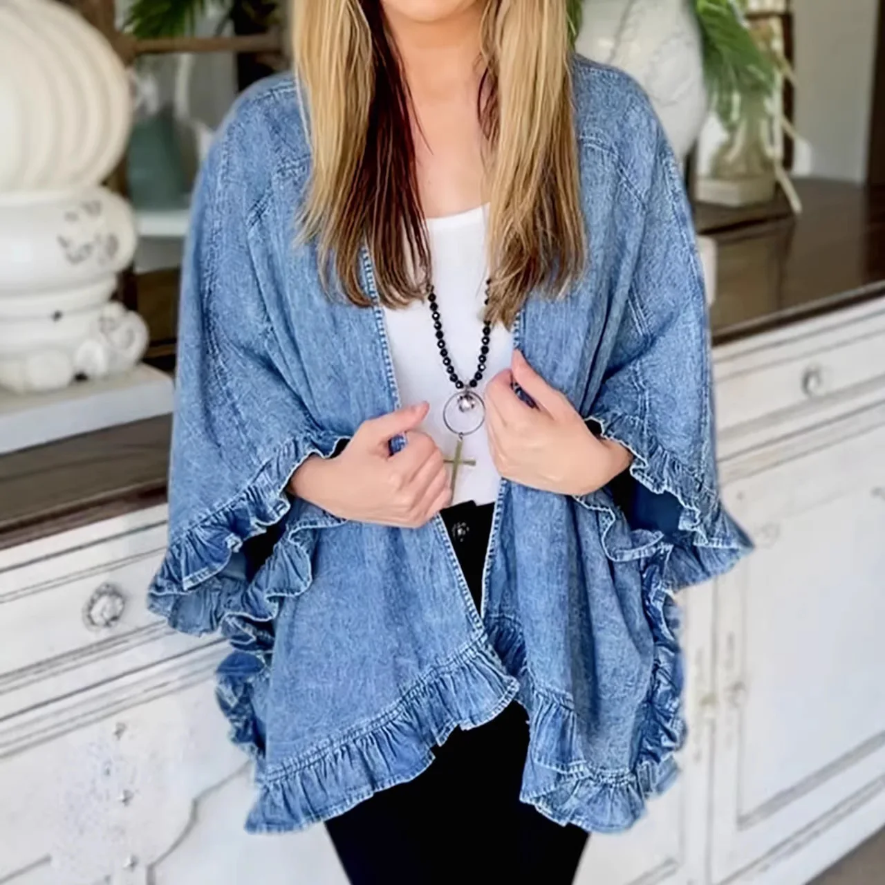 Nueva Chaqueta de Vaquera para Mujer de Otoño, Abrigo con Volantes a la Moda, Chal de Encaje para Mujer