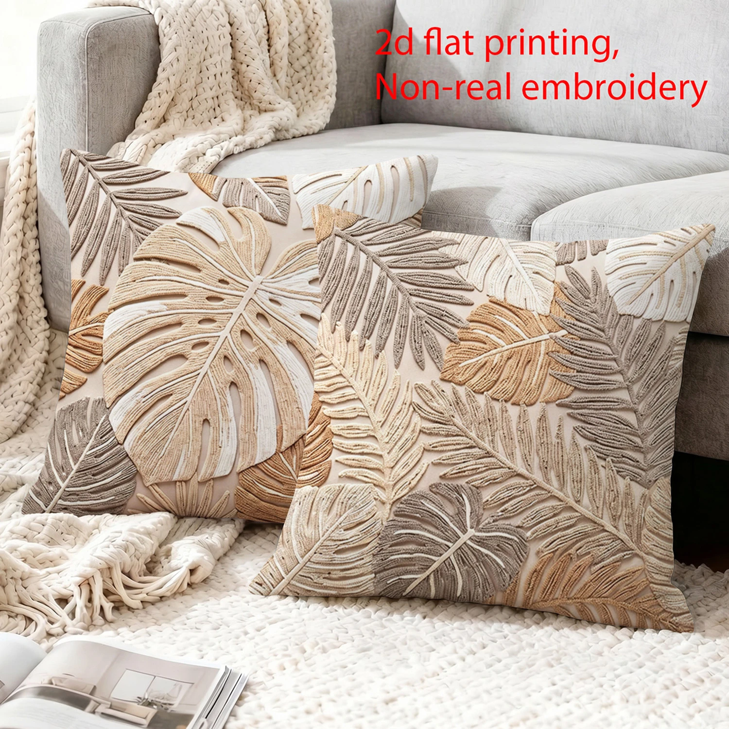 2pcs Boho Tropical Leaves Throw Pillow Covers Neutral Tone Flat Printed Decorative Cushion Cases for Home Living Room Sofa