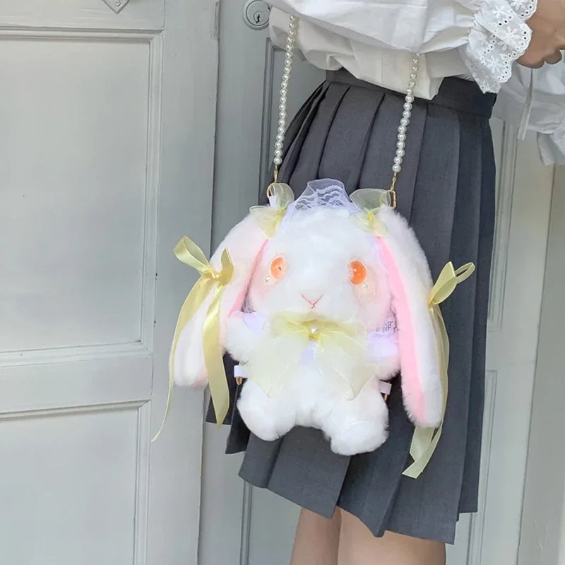 Magic Lolita Dressing Bunny Plush Toy Stuffed Unique Eyes Lace Rabbits Cuddly Plushies bow-knot Crossbody Backpack Bags