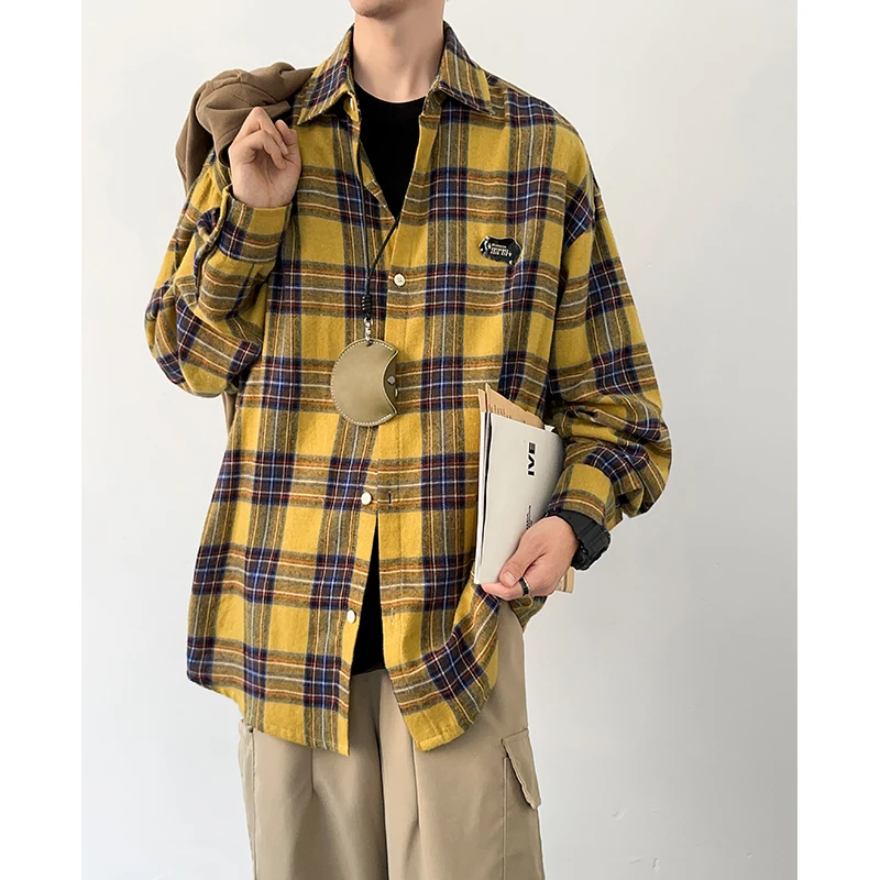 

Autumn Long Sleeved Shirt Men Oversized Retro Casual Shirt Men Japanese Streetwear Loose Plaid Shirt Mens Vintage Shirts M-3XL