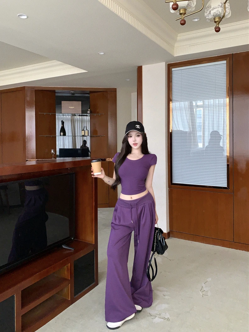 

Summer Purple Set round Neck Slim Fit Short Sleeve T-Shirt Women High Waist Wide Leg Pants Long Pants Casual Sports Two Piece...