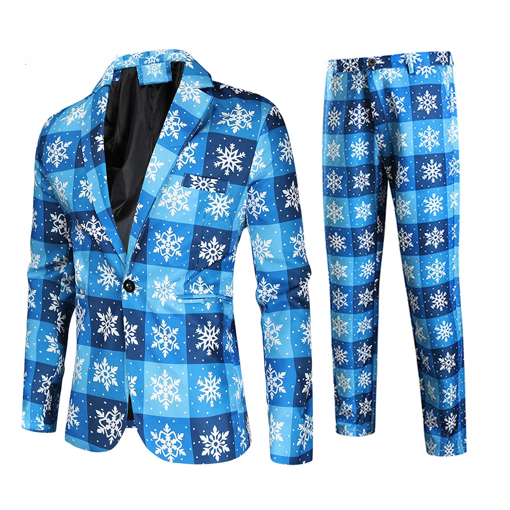 Men\'s Christmas Casual Business Suit 2 Piece One Button Jackets Pants Ugly Funny Xmas Snowman Elk Printed Sets for Men