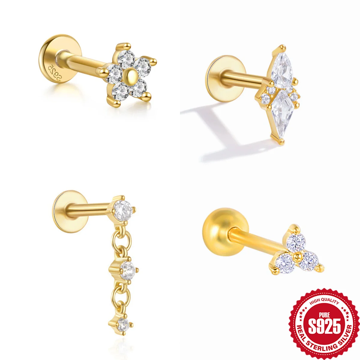 

AIDE Simple Piercing Stud Earrings for Women Flower Kite Stone Zircon 925 Sterling Silver Geometric Pendiente Fine Jewelry