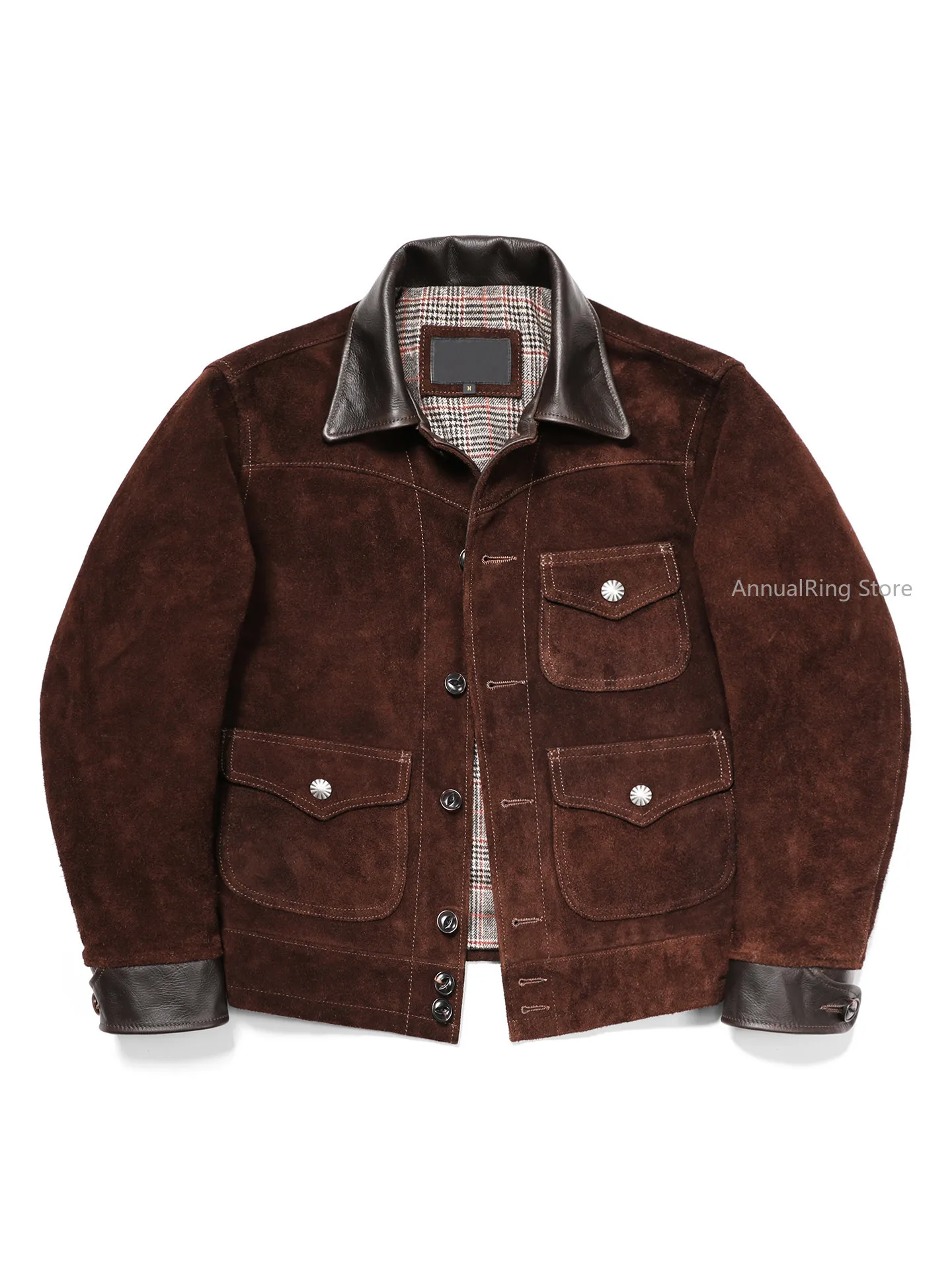 Men American Retro Suede Top Grain Cowhide Leather Jacket Slim Fit Nubuck Amekaji Workwear Real Leather Outerwear