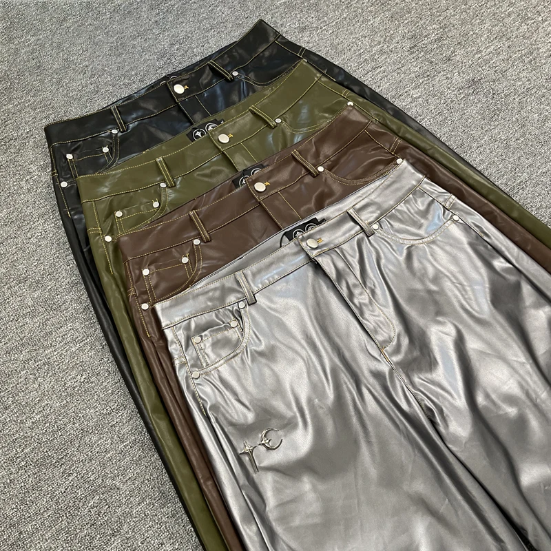 Ricamo Star Moon THUG CLUB Pantaloni in pelle Uomo Donna Street Semplice Logo in metallo Pantaloni lunghi a gamba dritta Stile coreano Harajuku