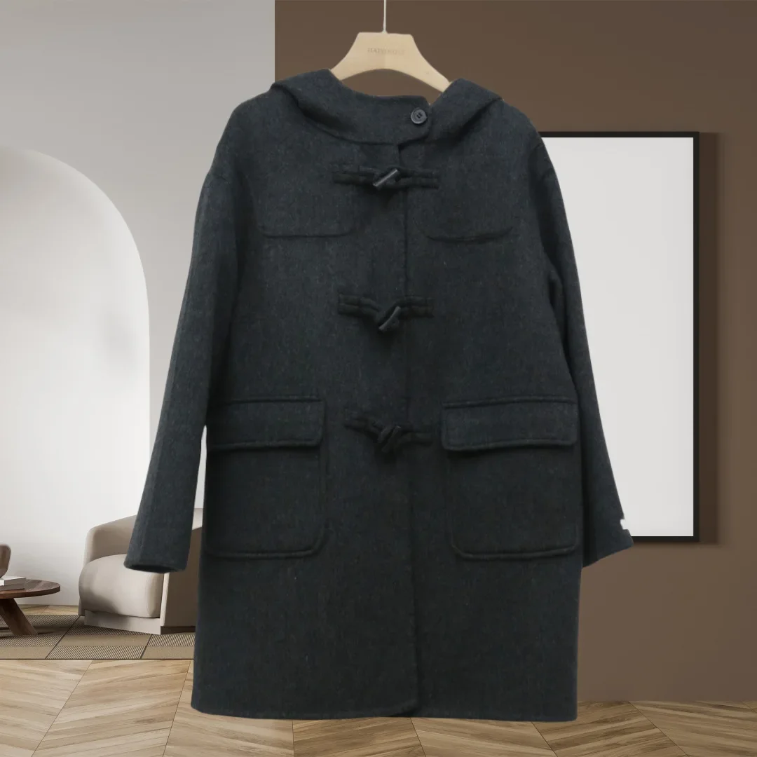 Anti-season double-sided cashmere coat Korean version medium and long hooded horn buckle small man thickened wool woolen coat