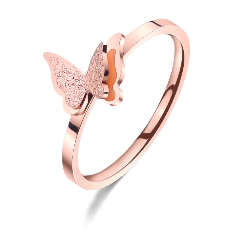 316L Stainless Steel Fashion Fine Upscale Jewelry Rose Gold Color Matte 2 Layer Flying Butterflies Wedding Rings For Women