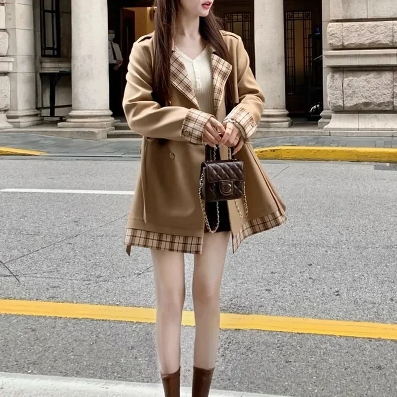 2000s Aesthetic Elegant Trench Coat Women Patchwork Plaid Retro Harajuku Outfits Female Korea Style Design Overcoat Autumn New