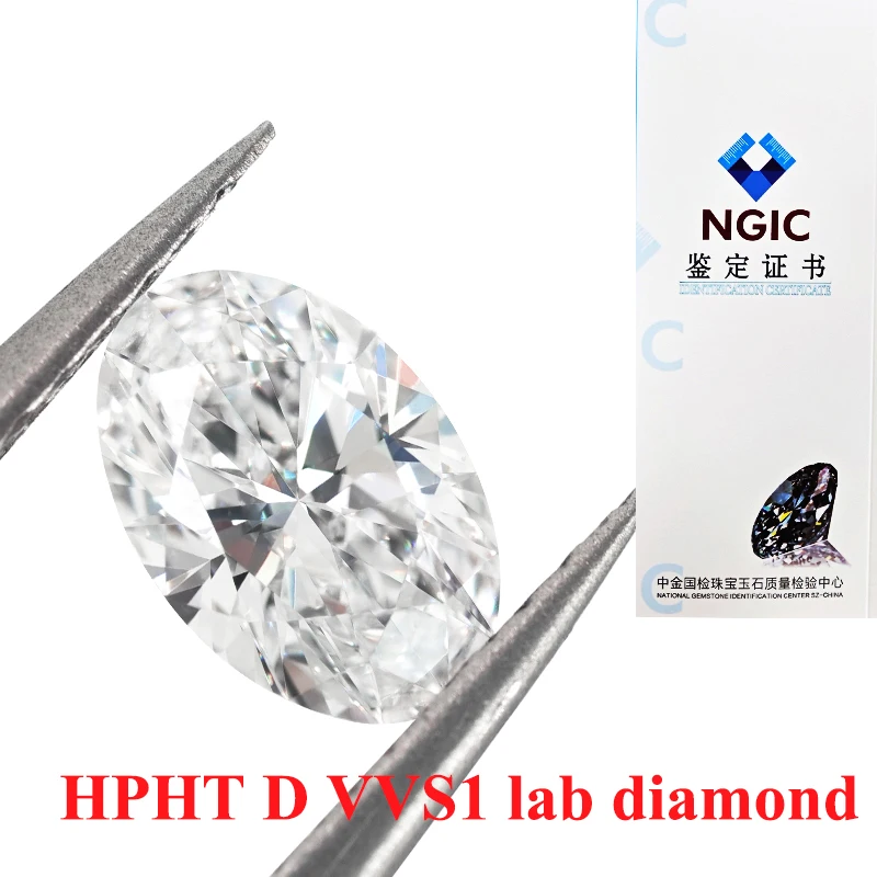 

D color 1ct VVS1 HPHT lab-grown diamond, 9 shapes (square, heart, oval, pear, radiant), NGIC-certified, perfect for jewelry.