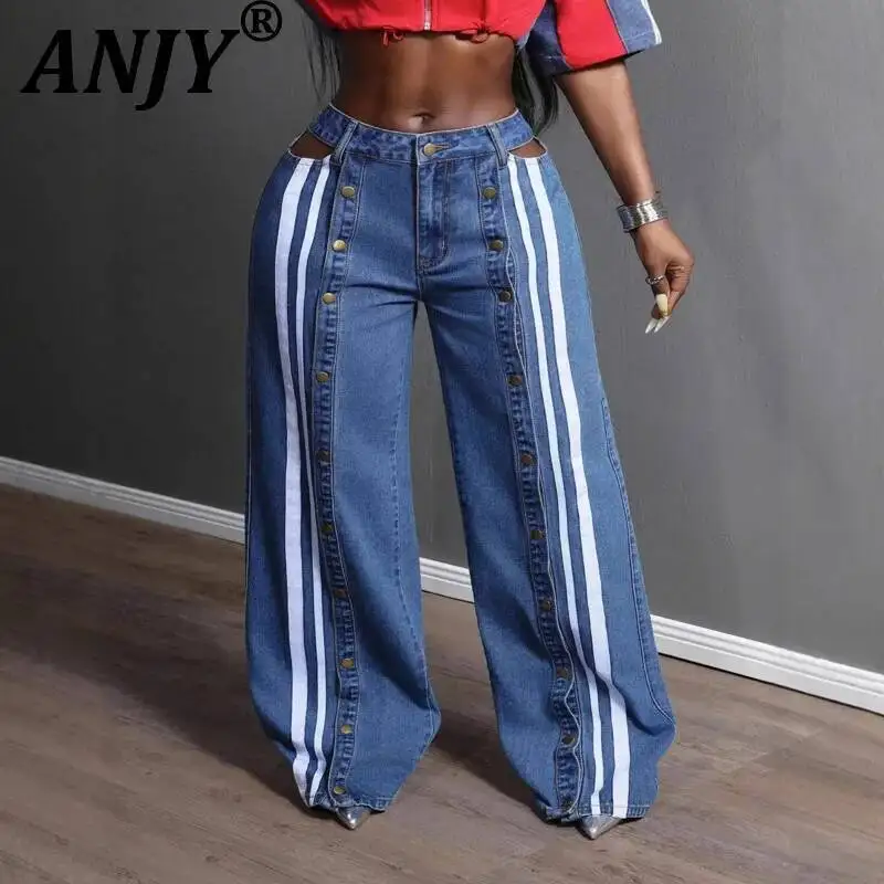 

ANJY Spring Autumn New Women Streetwear Fashion Buttons Slit Striped Color Block Jeans Stylish Loose Wide-Leg Denim Pants A23331