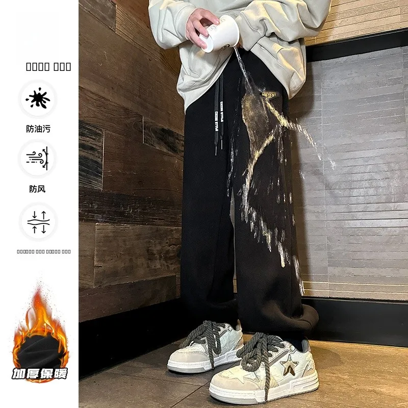 

Мужские утепленные спортивные повседневные брюки в американском ретро-стиле, осенне-зимние, с манжетами, плотные, модные, длинные штаны