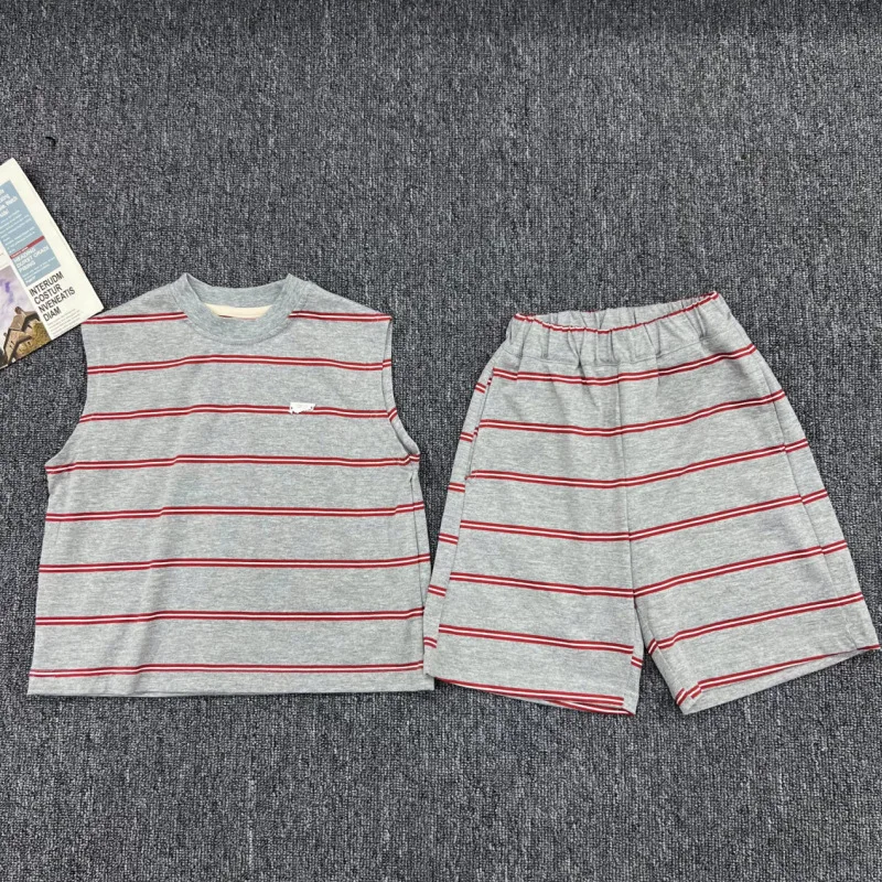 Conjunto de chaleco y pantalones cortos para niños, ropa de algodón de rayas finas, informal, cómoda y suelta, estilo deportivo, Verano