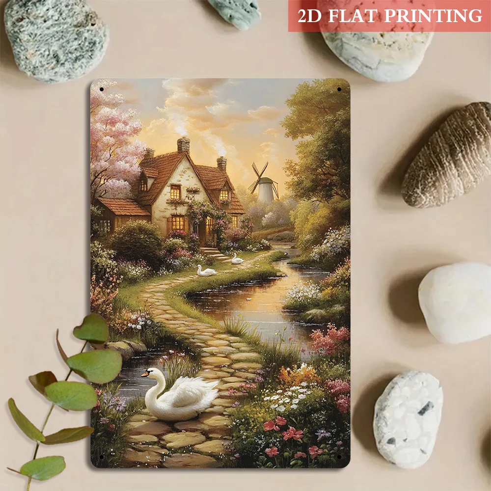 2D Flat, Idyllic Countryside Iron Metal Decorative Sign, Suitable for Living Room, Bedroom, Garden, Indoor|Outdoor, Spring Decor