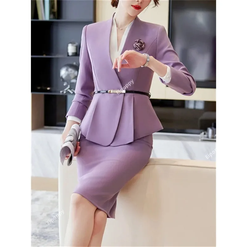 Formal Two Piece Blazer Set 2024 New Fashion Office Ladies Hidden Button V Neck Jacket Purple Pink Black Female Mini Skirt Suits