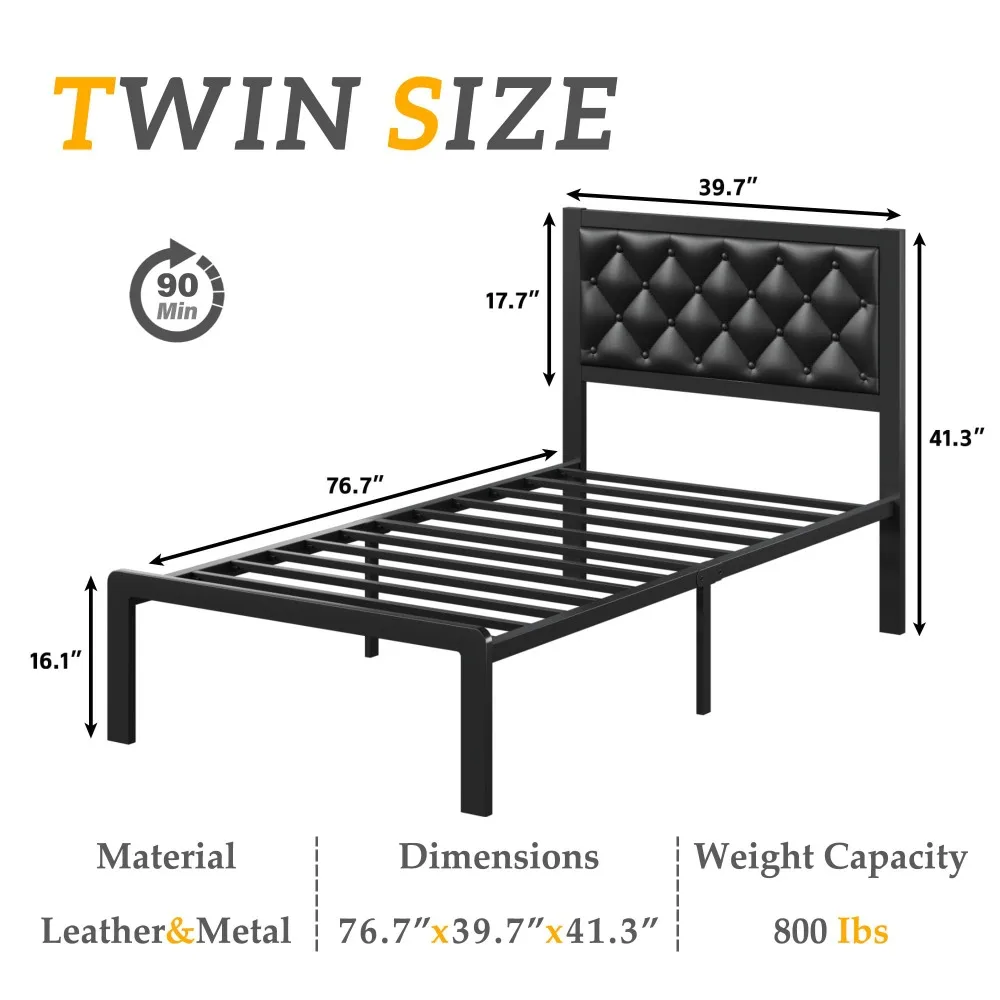 Twin Bed Frame with Upholstered Button Tufted Headboard, Bed Frame Platform Metal Slats Support, Under Bed Storage, No