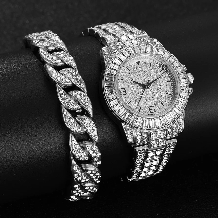 Simple Iced Out Watch + Bracelet for Women Bling Miami Cuban Chain Luxury Gold Watch Women Jewelry Set Gifts Relojes Para Mujer