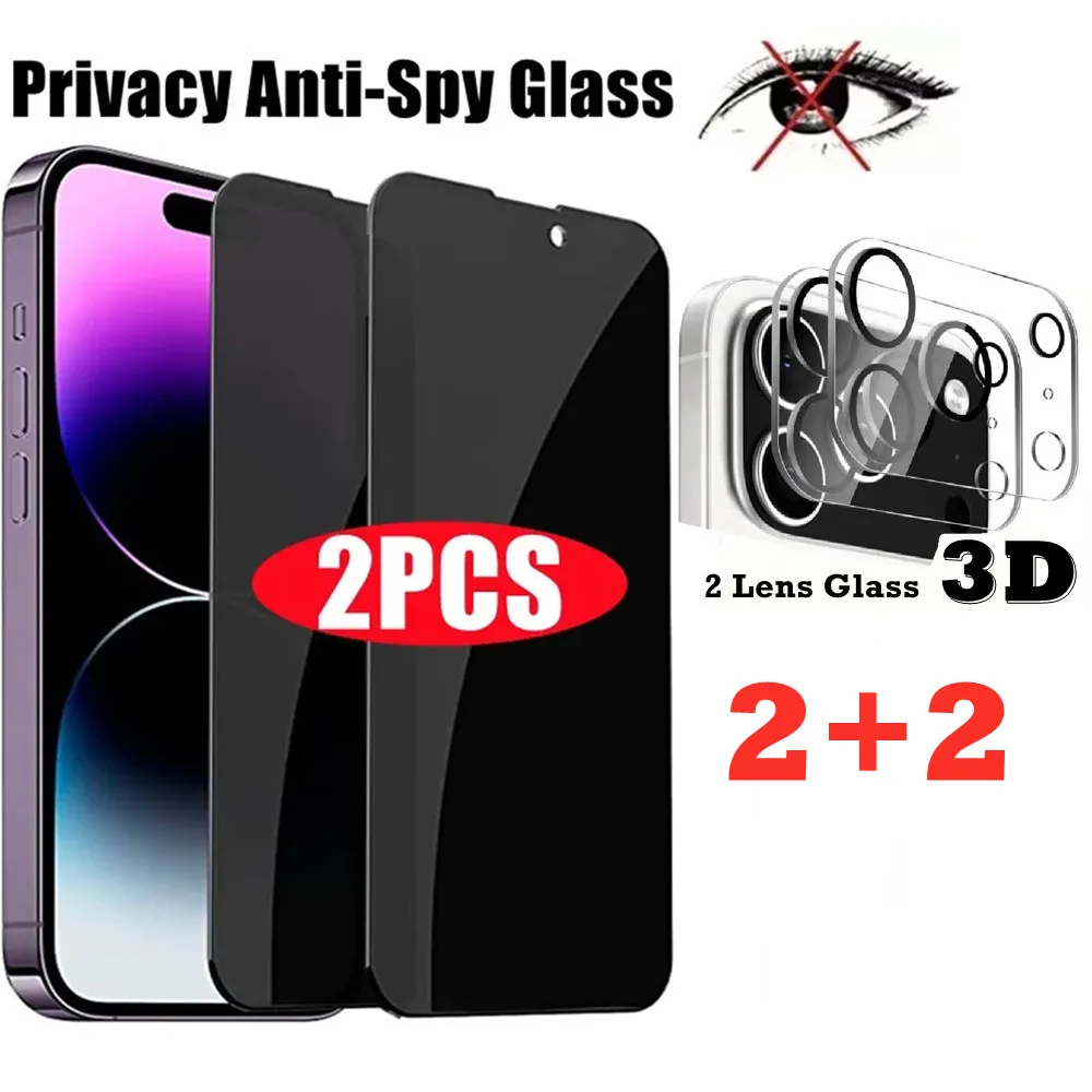 2+2 4in1 Datenschutzglas + 3D-Kameraobjektiv Klarer Anti-Peep-Displayschutz für iPhone 17 16 15 Pro Max 13 Mini 14 Plus 16e