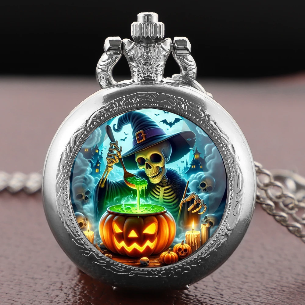 ساعة جيب كرونوغراف رائعة للرجال من الجمجمة Brewing Magic Potion، ساعة قلادة مجوهرات نسائية على طراز الهالوين المتخصصة