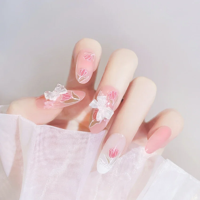 24 Stück mittellange Ballettkleidung, künstliche Nägel, fertiges Produkt, reine Mädchenblumen, Tulpen, sanfte künstliche Nägel, volles Drücken auf die Nagelkunst