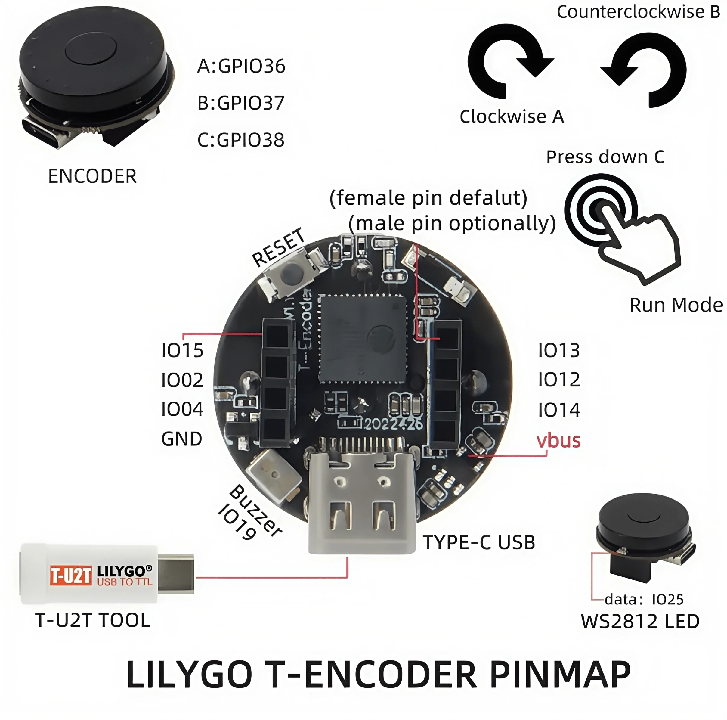 LILYGO TTGO T-ENCODER ESP32 RGB LED codificador compatible con descargador T-U2T