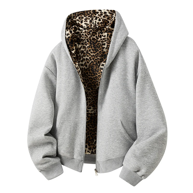 

New Niche Design Leopard Print Double-sided Wear Men's Hoodies Hooded Lager Pockets Zipper Reversible Contrast Color Male Jacket