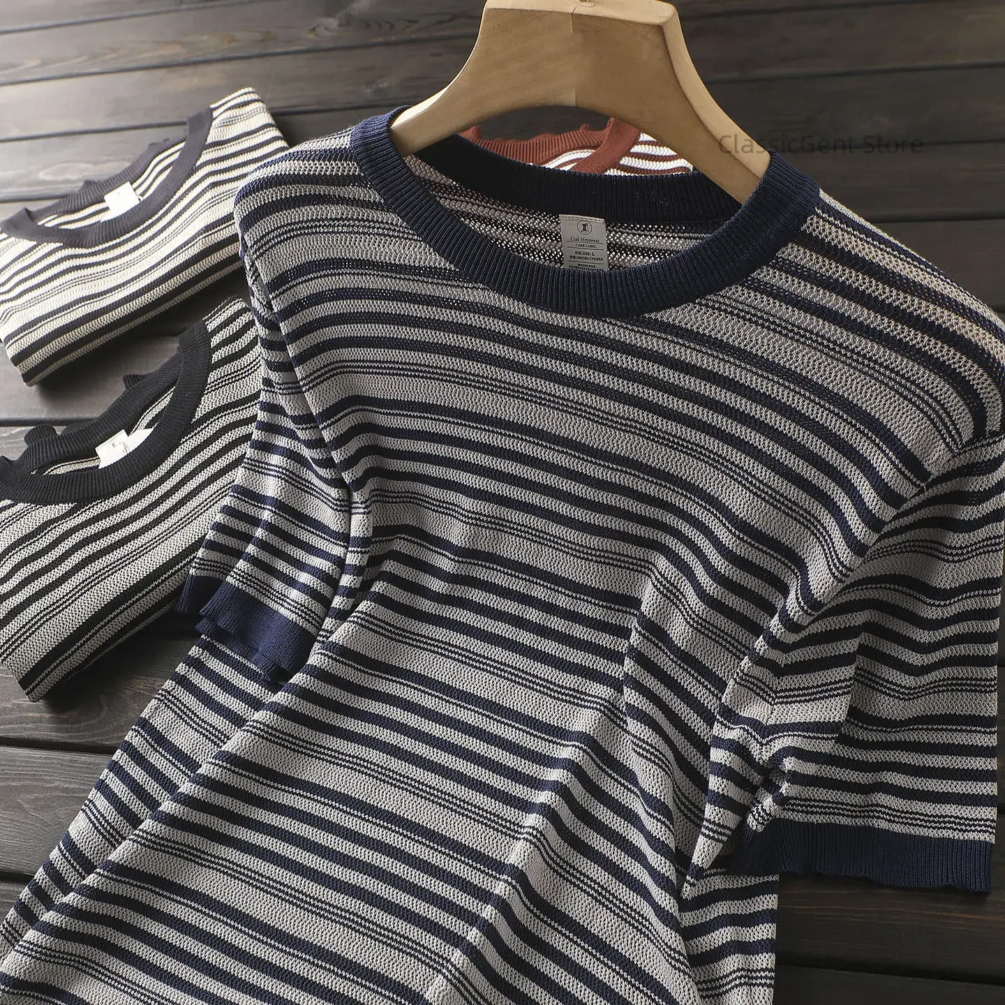 Comfortable Breathable Silk Slip Pendant Summer Men's Crew Neck Soft Elastic Hollow Knitted Short Sleeve T-Shirt