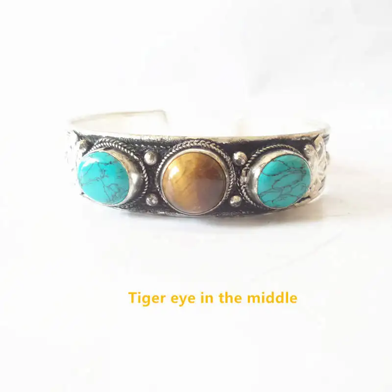 Tibetan Bangles Copper Inlay Colorful Beads Open Cuff Bangles Turquoise Labradorite Tiger Eye Beads Bracelets BB-049