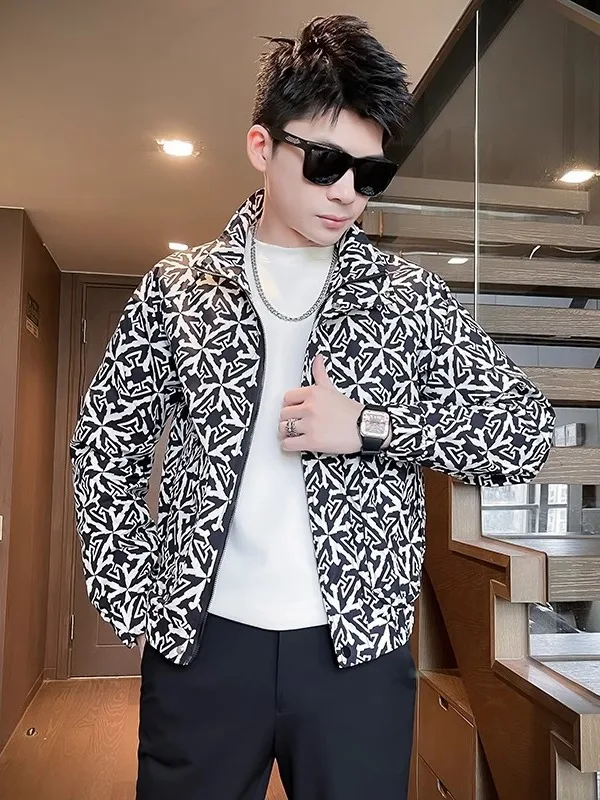 

Casual Men's Jaet Stand Collar Printed Polyester Faionable Trendy Spring Autumn Men's Clothing Stand Fit Long Sve