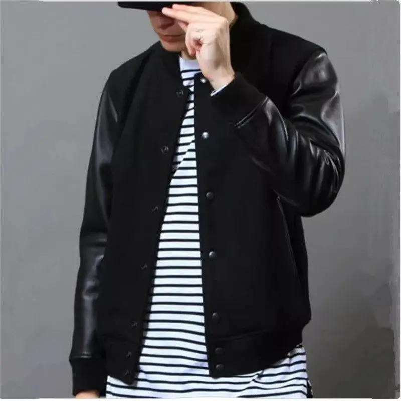 Wool nylon sheepskin sleeves baseball jersey short leather jacket first layer sheepskin leather leather jacket for men and women