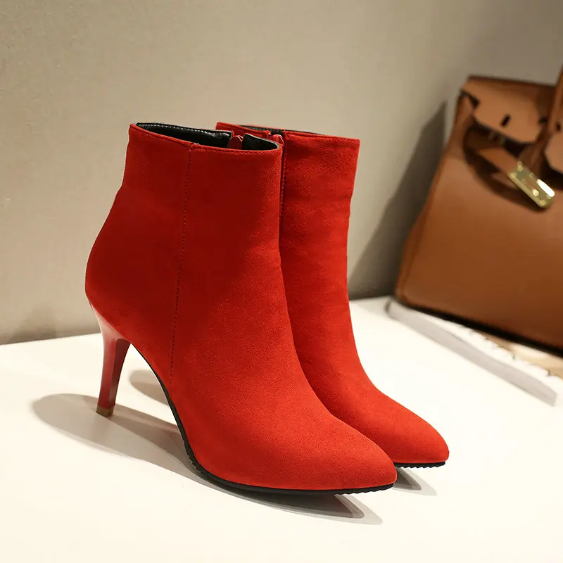 

Flock Blue Red Pointed Toe Woman Heels Shoes Thin High Heel Ankle Stiletto Bootie Plus Size 33-54 Concise Mature Ladies Boots