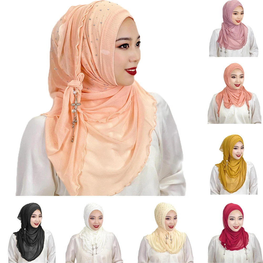 

Pull On Wear Scarf Muslim Women Instant Hijab Pearl Diamond Tassel Turban Islamic Amira Shawls Stoles Headwrap Prayer Headscarf