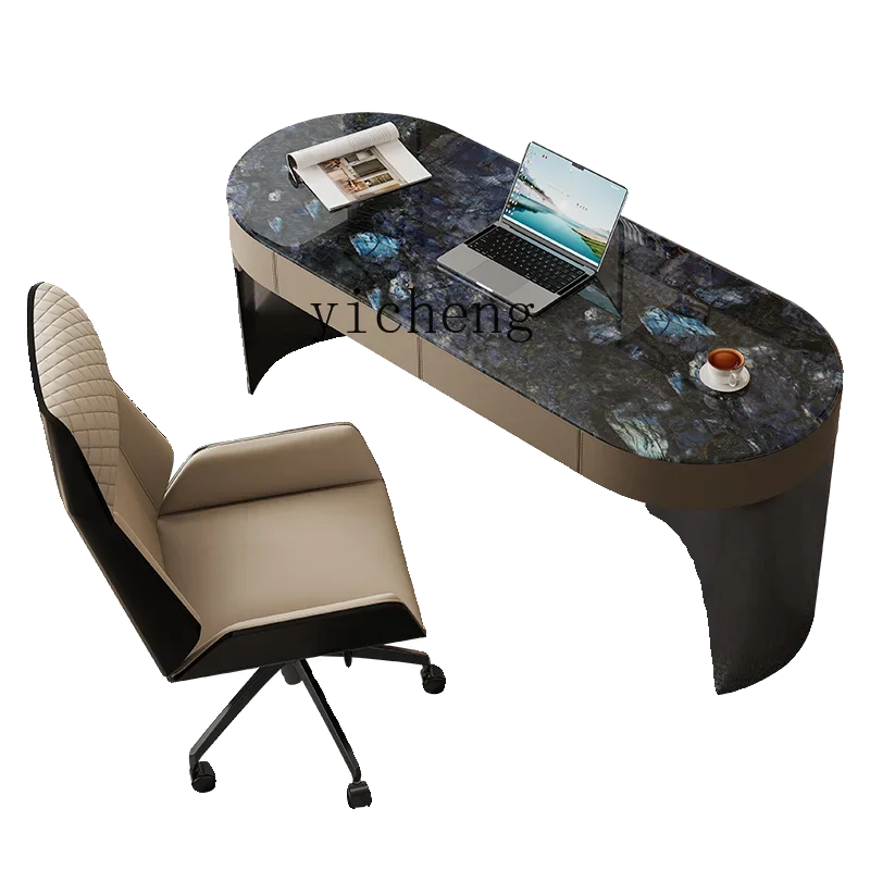 

XL desk light luxury modern high-end study saddle leather computer table super crystal stone desk