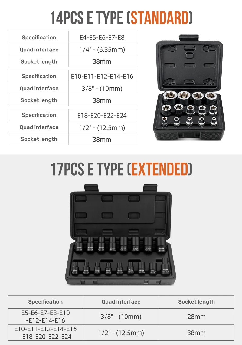 

Hi-Spec 1/4" 3/8" 1/2 E4-E24 E-Socket Socket Set in box Adapter Torx Star Bit Repair Hand Tool Head for Torque Span Ratchet sets