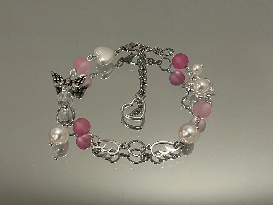 Handmade Pink Coquette Angel Charm Bracelet | Y2K Fairy Heart Bracelet