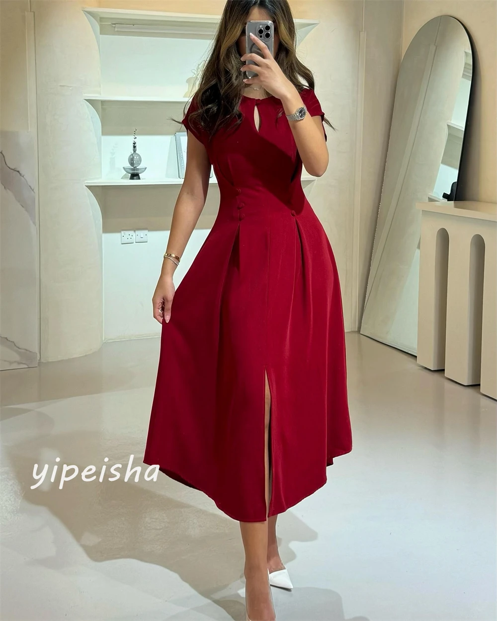 Jersey Button Ruched Clubbing A-line Scoop Neck Bespoke Occasion Gown Midi Dresses