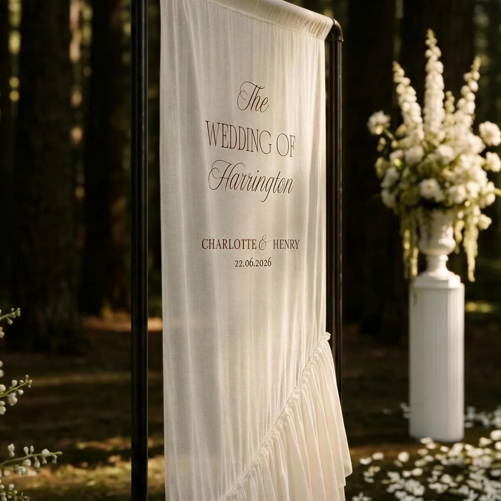 Custom Ruffled Chiffon Wedding Welcome Sign,Draped Fabric Wedding Banner,Personalized Romantic Ceremony Reception Entrance Decor image 4