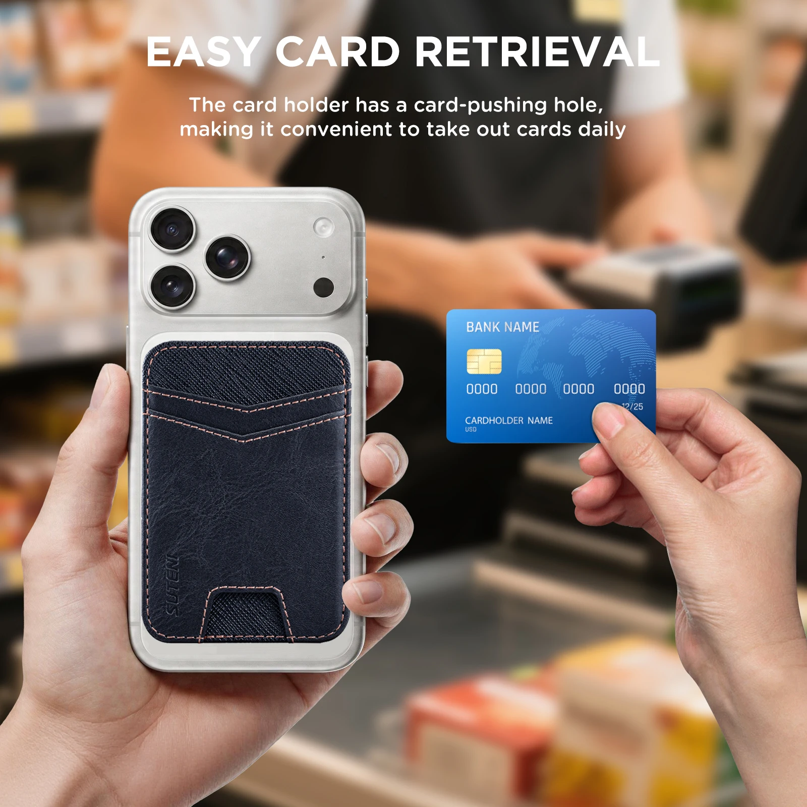 SUTENI Mobile Phone Magnet Pocket Lightweight Card Holder Storage Push Card Hole RFID Anti-skimming Faux Leather Bag Wallet view 6