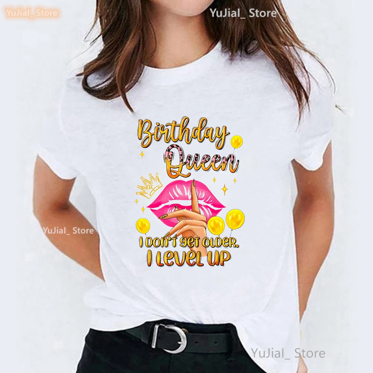 

Birthday Queen I Don'T Get Older I Level Up Graphic Printed Tshirt Girls Leopard Lip Balloon T-Shirt Women Summer Tops T-Shirt