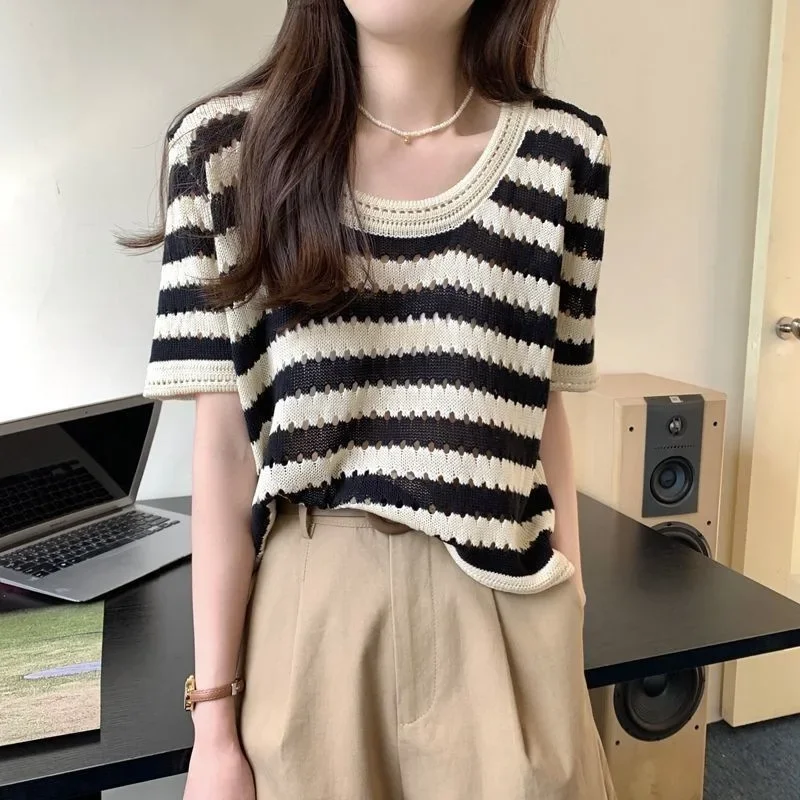 

Knitwear Summer Striped Openwork Ice Silk Ladies T-shirt Short Sleeve Retro Spice Girl Loose Slim Short Blouse Women's Dress