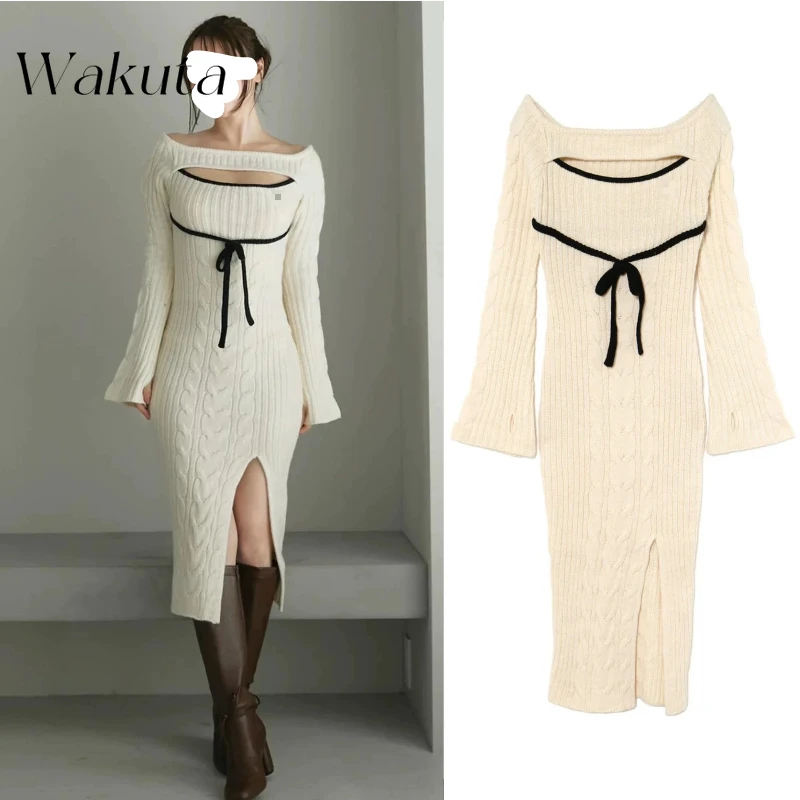 WAKUTA Japanese Style Niche Sweet U-neck Hollowed Out Apricot White Side Slit Knit Gown Versatile Lace Knit Midi Robe Streetwear