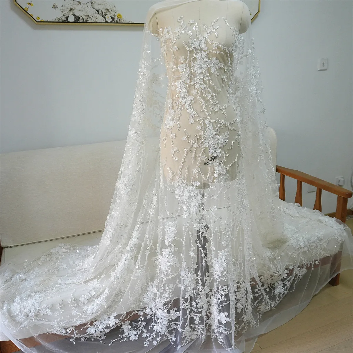 

2025 3D Flowers Beaded Sequin Embroidered Lace Fabric Bridal Wedding Dress Material DIY Fashion Appliqued Accessories