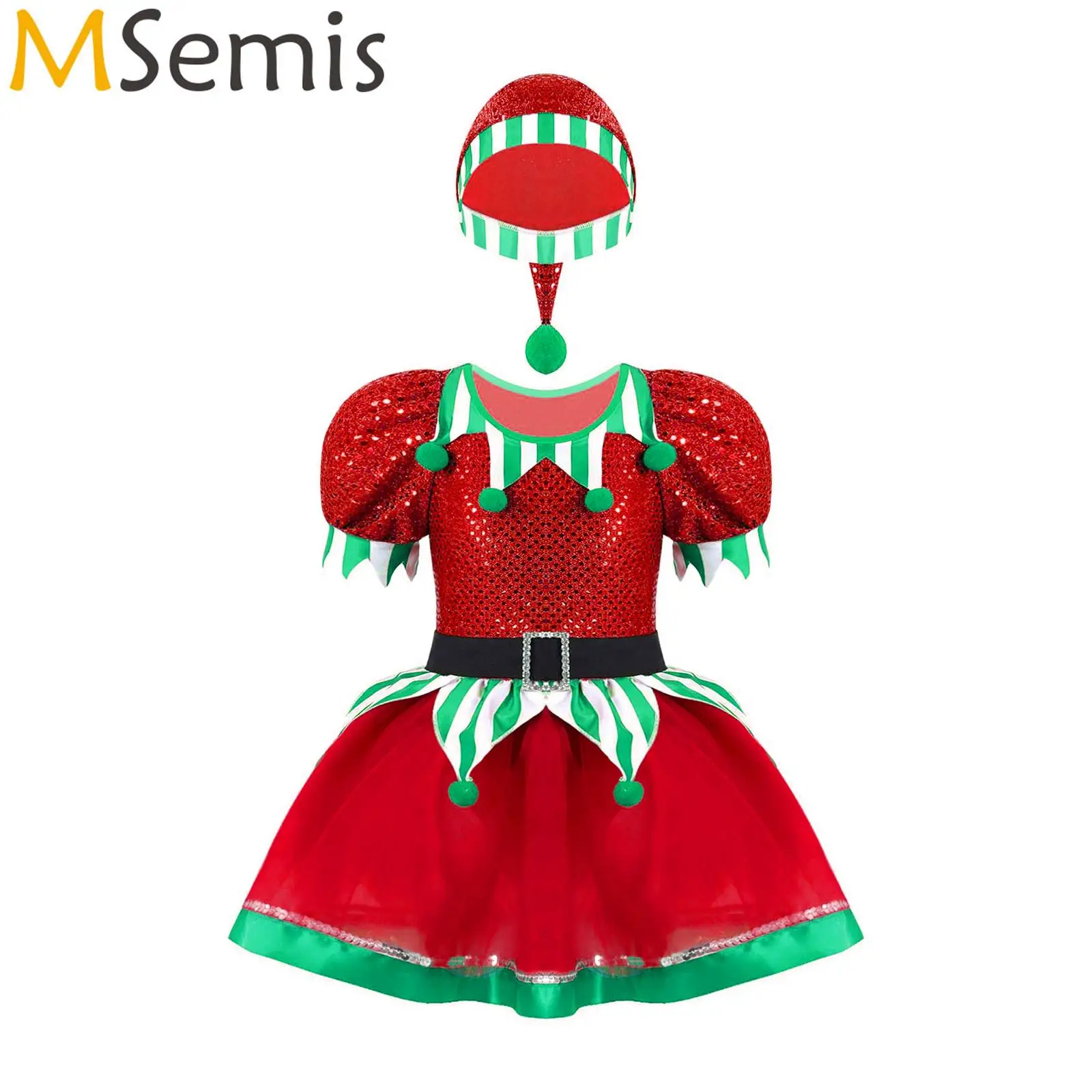 

Kids Girls Artistic Gymnastics Figure Skating Ballet Tutu Sequins Dress with Hat Xmas Santa Claus Christmas Elf Cosplay Costume